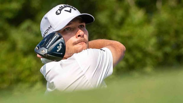 Nicolai Hojgaard tees off during the 2023 DP World Tour Championship in Dubai, United Arab Emirates.
